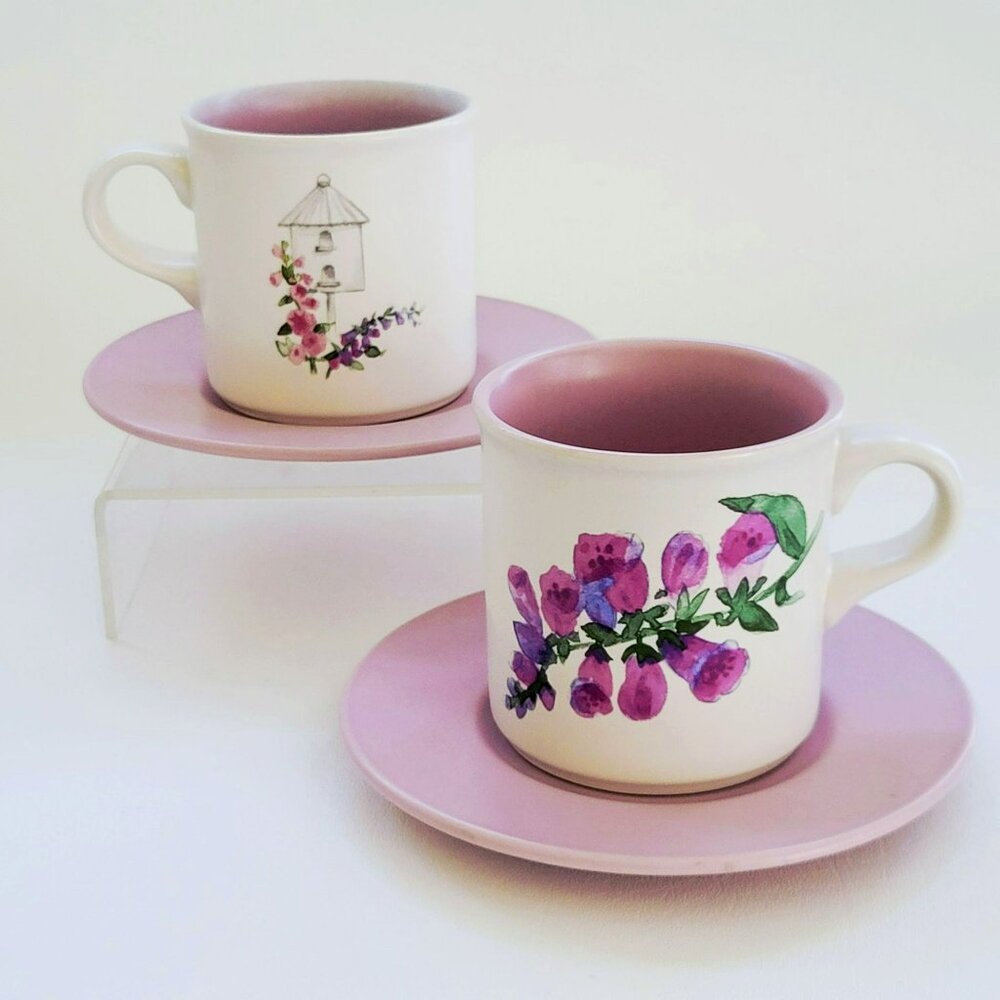 Vintage Pfaltzgraff Cape May Mug & Saucer, 2 Sets, Floral Bird House c1990s USA